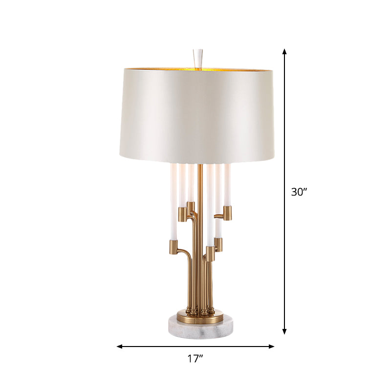 Lampada da tavolo tradizionale a tamburo con 1 illuminazione da comodino in tessuto leggero in oro interno con decorazione in cristallo flauto