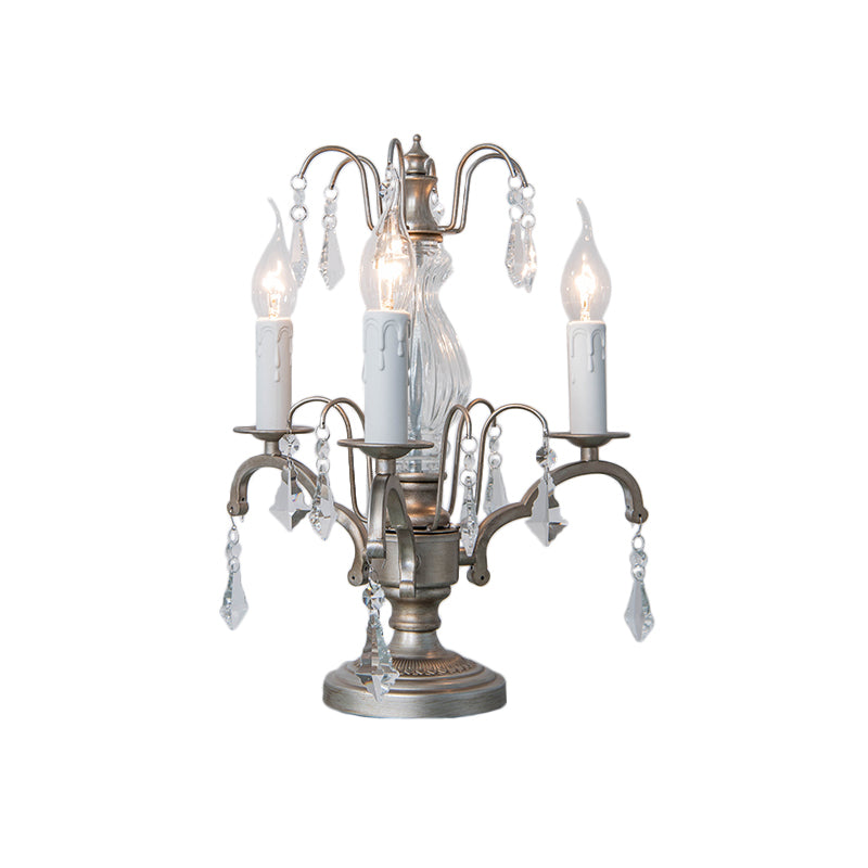 Lampada da comodino in stile rustico a 3 teste con candela notturna in metallo argento con gocciolina di cristallo