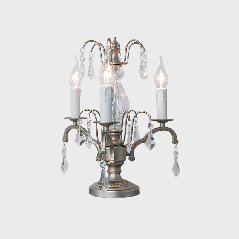 Lampada da comodino in stile rustico a 3 teste con candela notturna in metallo argento con gocciolina di cristallo