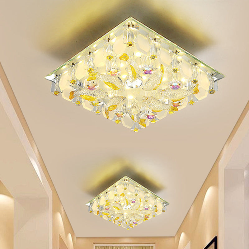 Small Squared LED Flush Ceiling Light Modernist Yellow Crystal Flush Mount Lighting with Fish Design, Warm/White Light
