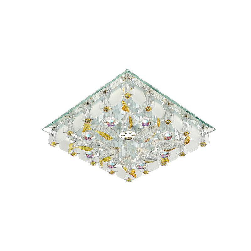 Small Squared LED Flush Ceiling Light Modernist Yellow Crystal Flush Mount Lighting with Fish Design, Warm/White Light