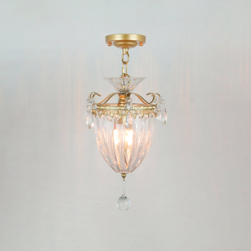 Gold 1 Bulb Semi Flush Ceiling Light Traditional Ribbed Crystal Bell Flush Mount Fixture