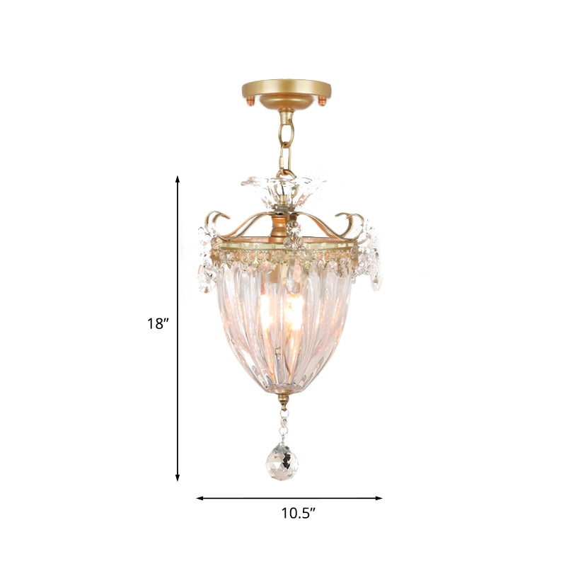 Gold 1 Bulb Semi Flush Ceiling Light Traditional Ribbed Crystal Bell Flush Mount Fixture