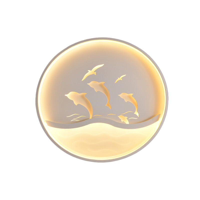 Dolphin Adventure Circle LED Flush Mount Nordic Acrylic Children Bedroom LED Ceiling Light in White/Warm Light