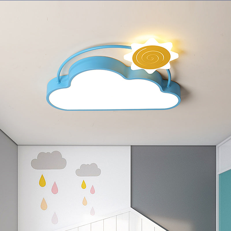 Iron Sun Above Cloud Flush Mount Cartoon Blue and Gold LED Close to Ceiling Light