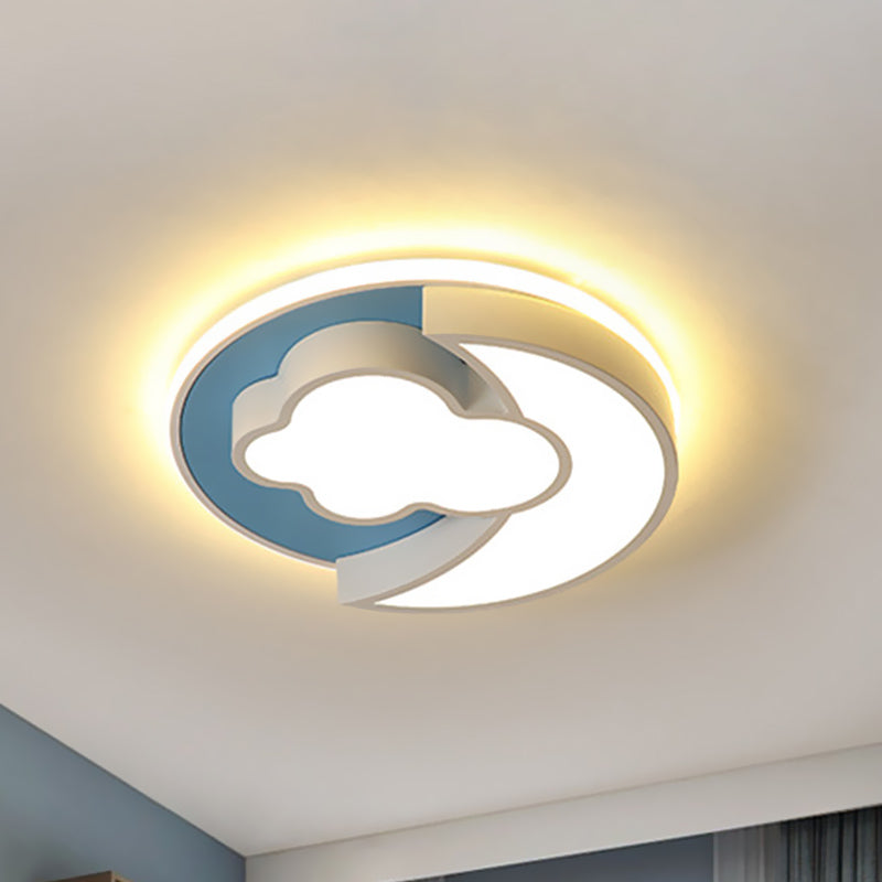 Cartoon Crescent and Cloud Flush Light Iron Child Bedroom LED Flush Mount Recessed Lighting in Blue/Wood