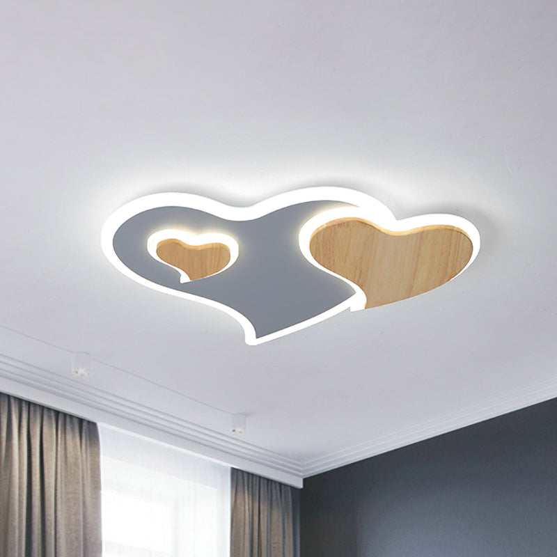 Nordic Triple Heart Shape Flushmount Acrylic Bedroom LED Close to Ceiling Light in Blue and Wood