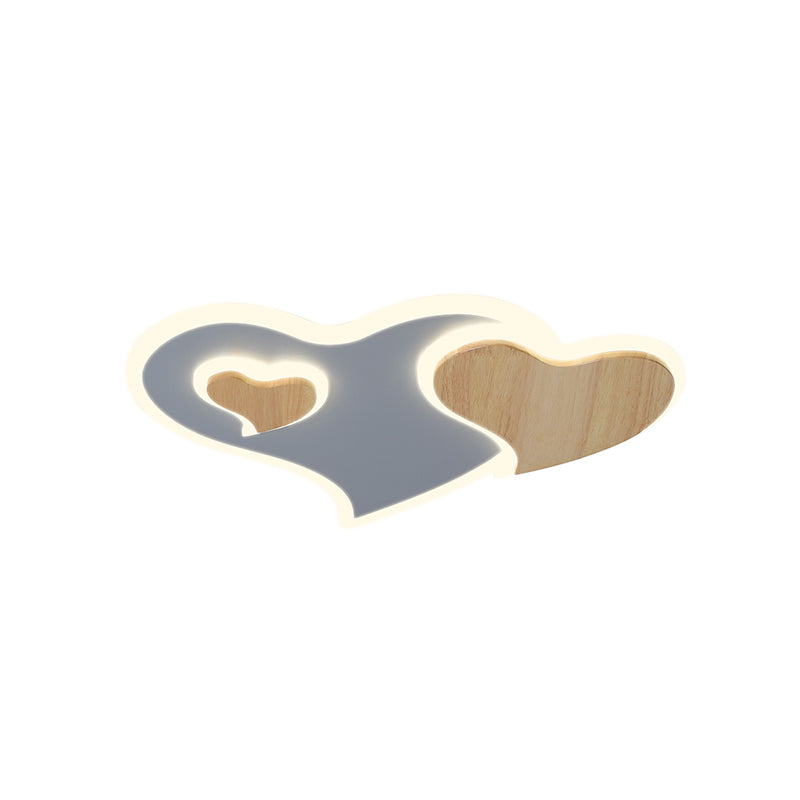 Nordic Triple Heart Shape Flushmount Acrylic Bedroom LED Close to Ceiling Light in Blue and Wood