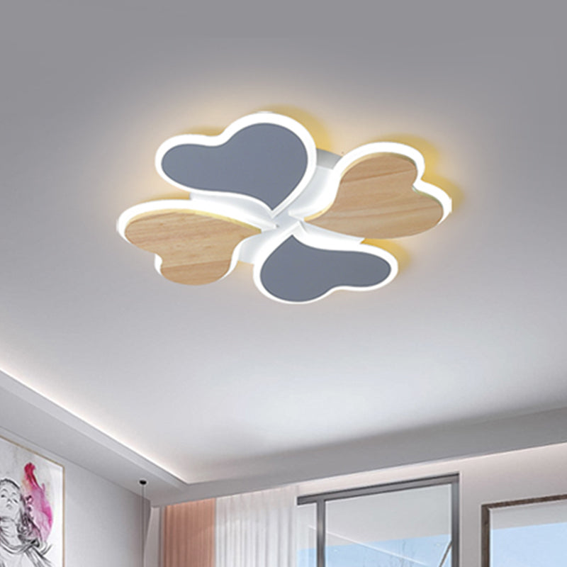 4-Leaf Clover Iron Ceiling Lighting Nordic Style Blue and Wood Flush Mount LED Light