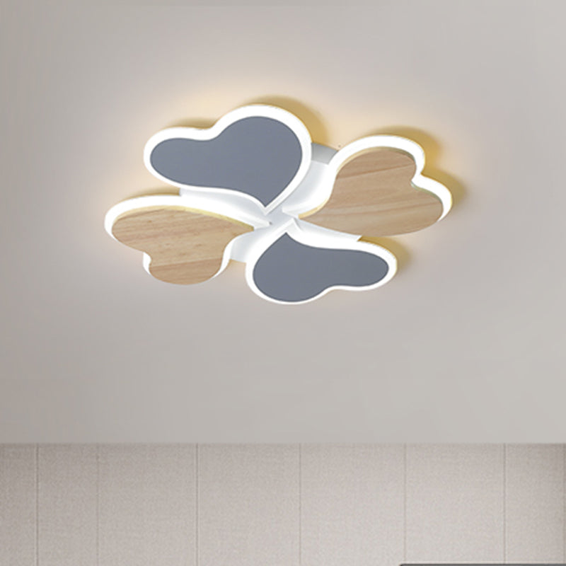 4-Leaf Clover Iron Ceiling Lighting Nordic Style Blue and Wood Flush Mount LED Light