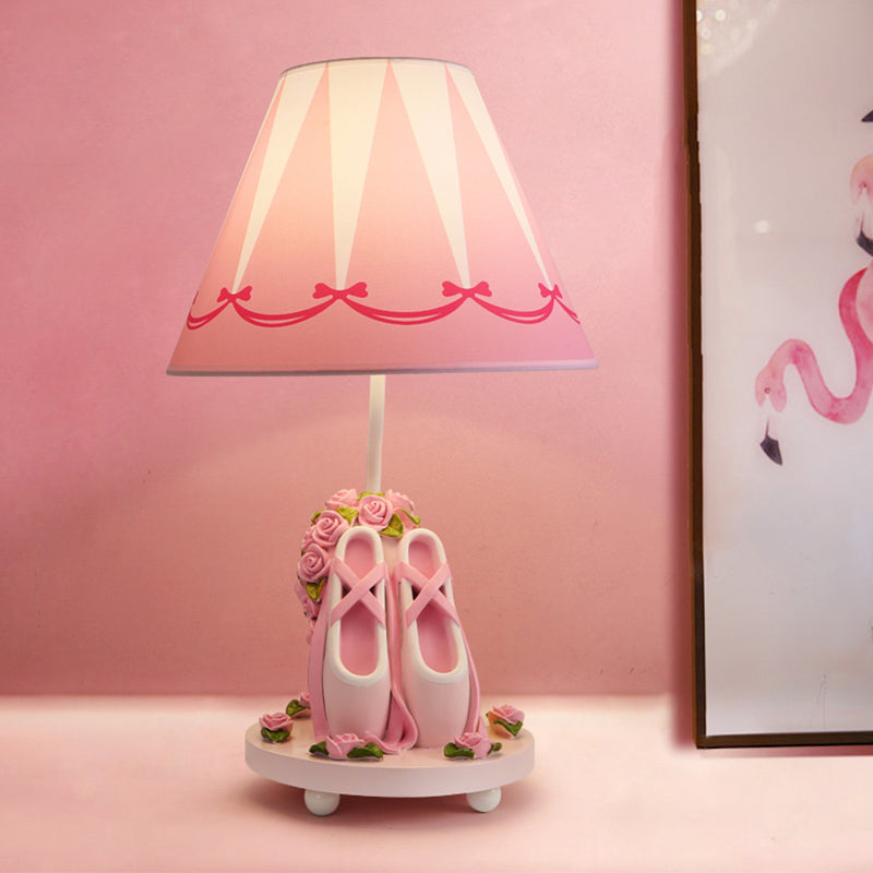 Ballet Shoes Girl's Bedside Night Lamp Resin 1 Head Kids Style Table Light with Cone Shade in Pink