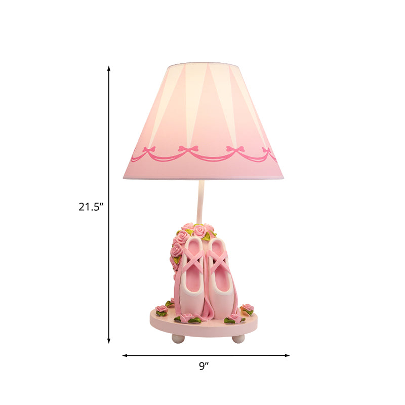 Ballet Shoes Girl's Bedside Night Lamp Resin 1 Head Kids Style Table Light with Cone Shade in Pink