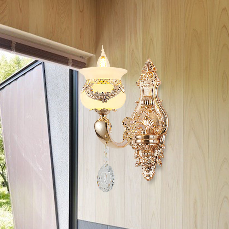 Gold Candlestick Sconce Lamp Traditional Jade 1/2-Light Living Rom Wall Light with Dangling Crystal