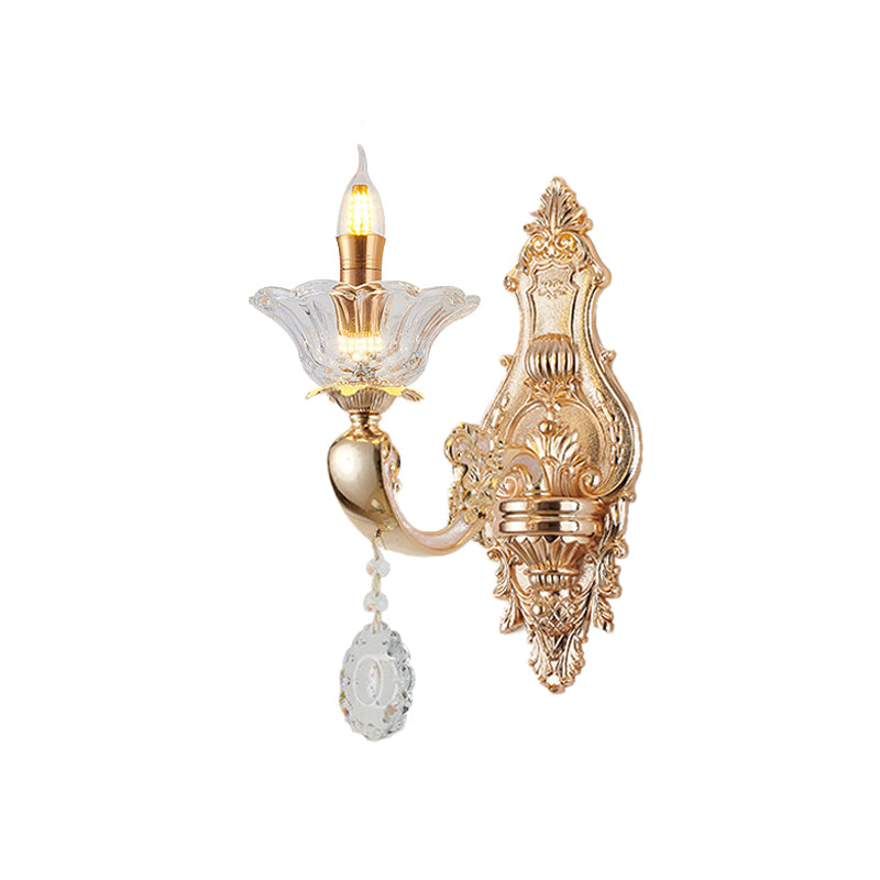 Retro Candlestick Sconce Lighting Fixture 1/2-Bulb Clear Crystal Glass Wall Mounted Light in Gold