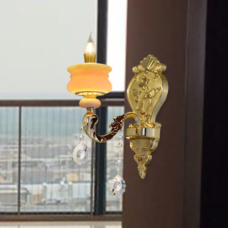 1/2-Bulb Candelabra Wall Lamp Traditionalism Gold Jade Wall Mounted Light Fixture with Crystal Drop