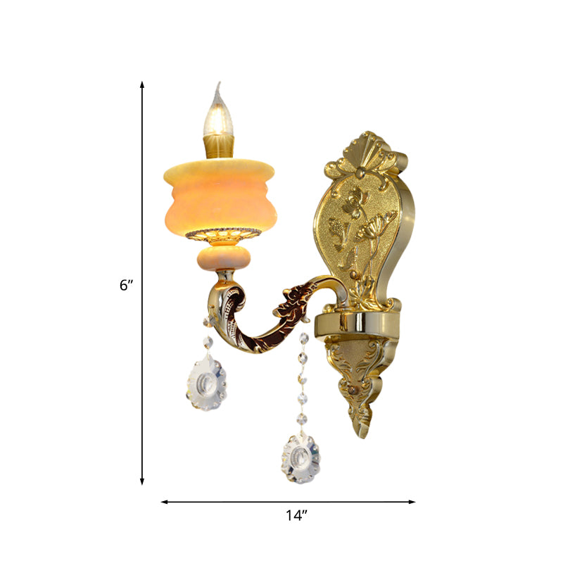 1/2-Bulb Candelabra Wall Lamp Traditionalism Gold Jade Wall Mounted Light Fixture with Crystal Drop