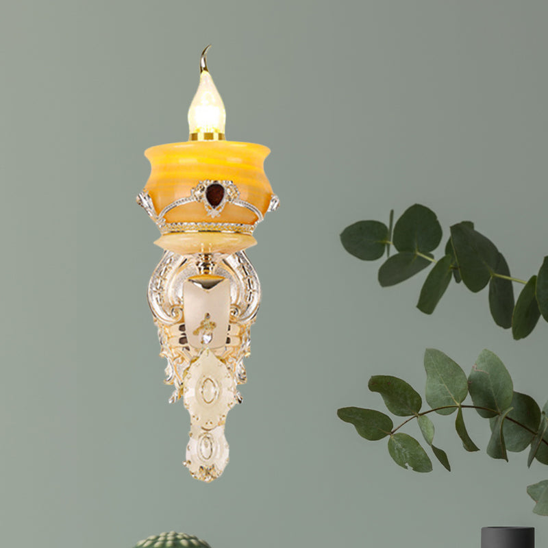 Candlestick Jade Wall Lamp Sconce Vintage 1/2-Head Bedroom Wall Light Fixture in Gold with Crystal Drop