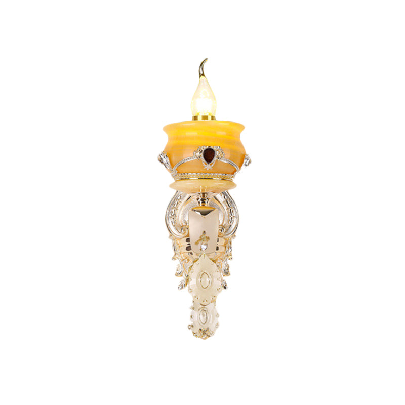 Candlestick Jade Wall Lamp Sconce Vintage 1/2-Head Bedroom Wall Light Fixture in Gold with Crystal Drop