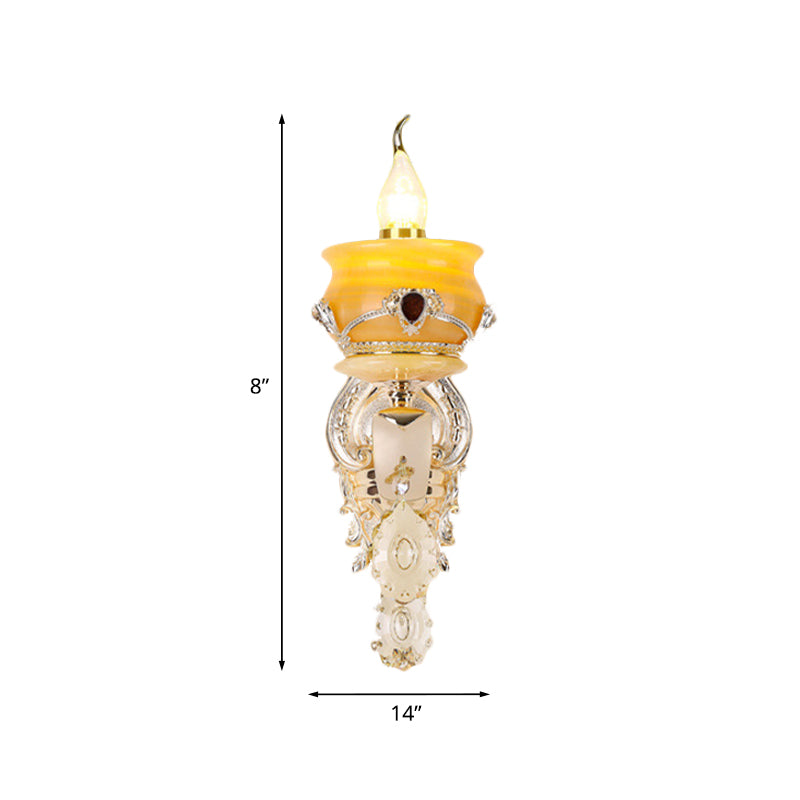 Candlestick Jade Wall Lamp Sconce Vintage 1/2-Head Bedroom Wall Light Fixture in Gold with Crystal Drop