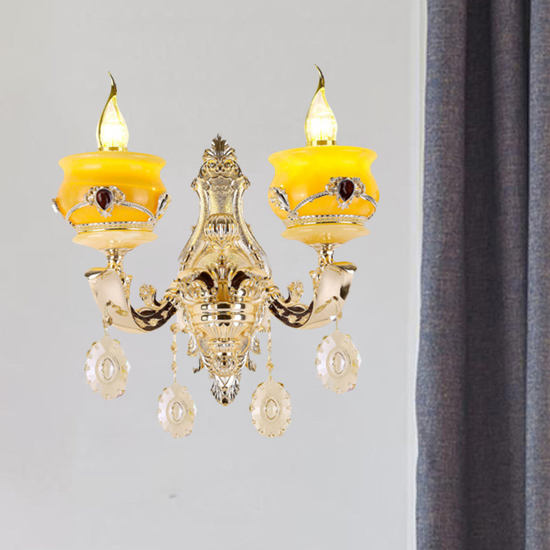 Candlestick Jade Wall Lamp Sconce Vintage 1/2-Head Bedroom Wall Light Fixture in Gold with Crystal Drop