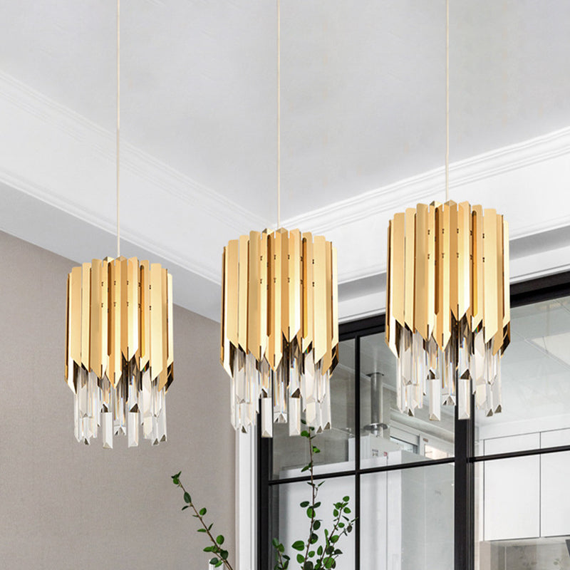 Luxurious Layered Cluster Pendant 3 Head Clear Crystal Rectangle Suspension Light in Gold for Dining Room