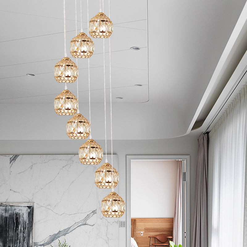 Inserted Crystal Gold Cluster Pendant Globe 8 Bulbs Modern Hanging Lamp with Spiral Design