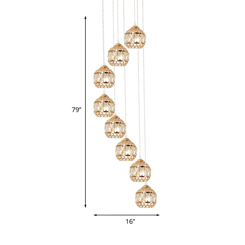 Inserted Crystal Gold Cluster Pendant Globe 8 Bulbs Modern Hanging Lamp with Spiral Design