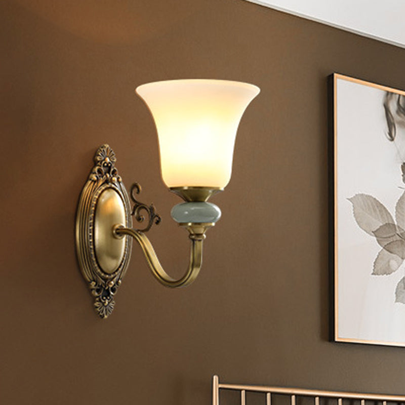 1/2-Bulb Frosted Glass Wall Mount Lamp Vintage Brass Finish Bell Bedside Up Wall Lighting Idea