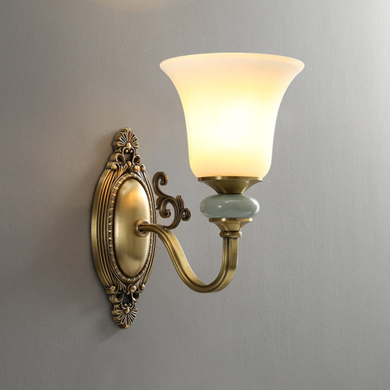 1/2-Bulb Frosted Glass Wall Mount Lamp Vintage Brass Finish Bell Bedside Up Wall Lighting Idea