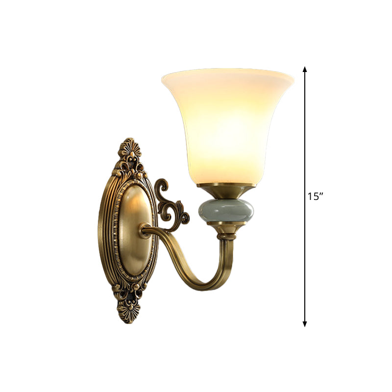 1/2-Bulb Frosted Glass Wall Mount Lamp Vintage Brass Finish Bell Bedside Up Wall Lighting Idea