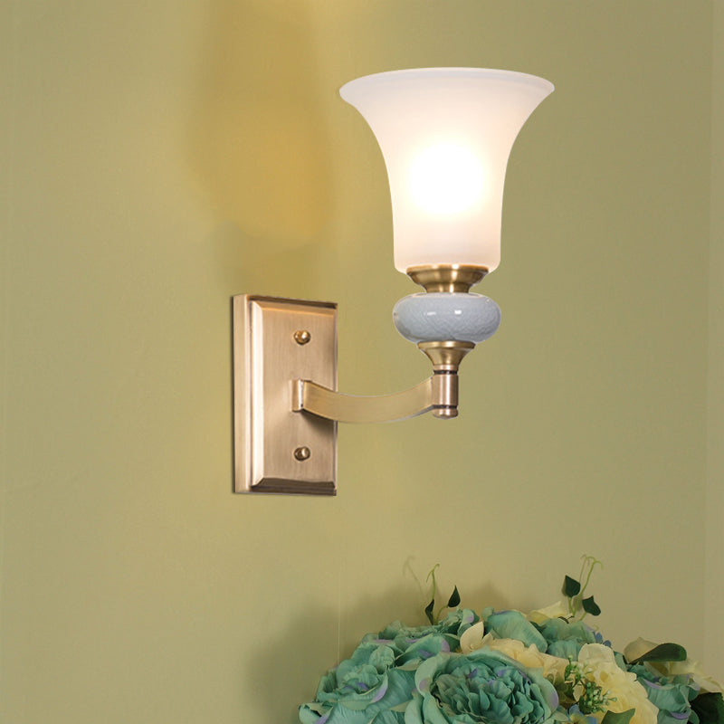 Gold 1/2 Heads Wall Lamp Fixture Traditional White Glass Bell Up Wall Mount Lighting for Living Room