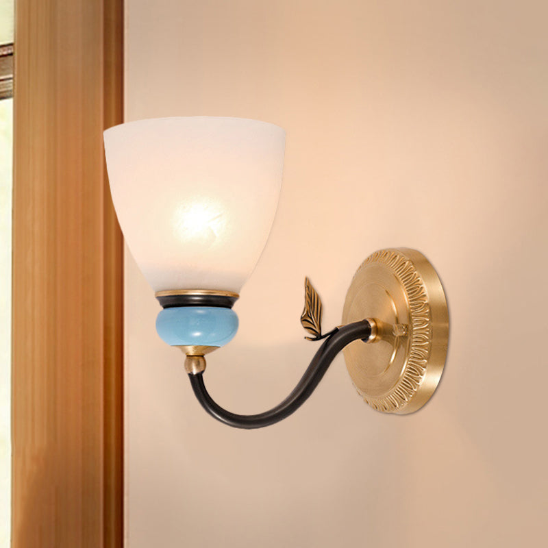 1 Bulb White Glass Wall Lamp Traditional Black and Gold Cone Corner Up Wall Light Fixture