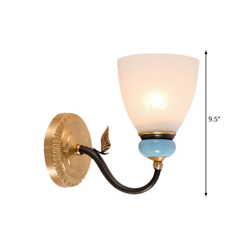 1 Bulb White Glass Wall Lamp Traditional Black and Gold Cone Corner Up Wall Light Fixture