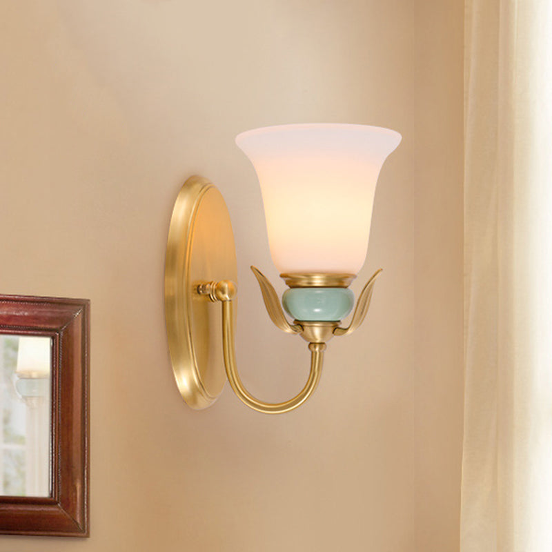1/2-Head Wall Lighting Vintage Bedroom Wall Mounted Lamp Fixture with Bell White Frosted Glass Shade in Gold