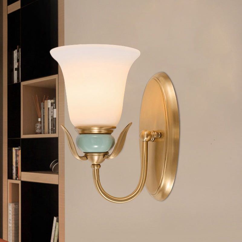 1/2-Head Wall Lighting Vintage Bedroom Wall Mounted Lamp Fixture with Bell White Frosted Glass Shade in Gold