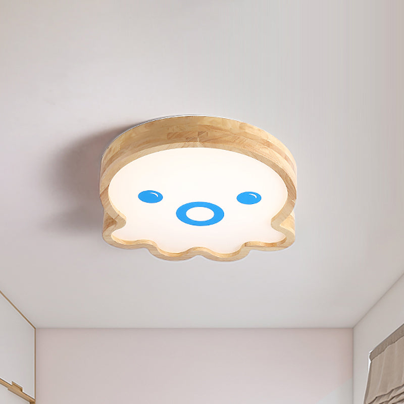 Little Octopus Shaped Flushmount Lamp Cartoon Wood LED White Flush Mount Lighting in Warm/White Light