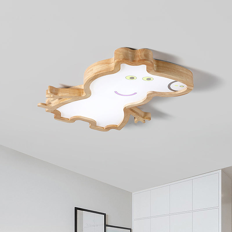Cartoon Pig Shape Ceiling Mounted Lamp Wood LED Kids Room Flush Light Fixture in White/Warm Light