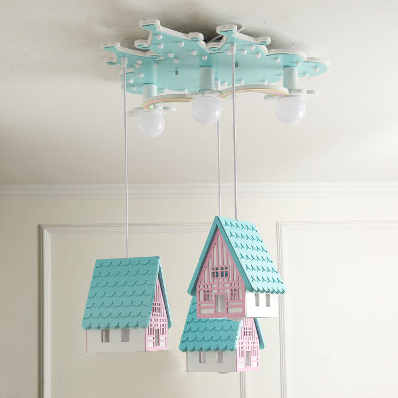 Blue House Semi Flush Mount Cartoon 3-Bulb Wooden Flushmount Lighting for Kids Bedroom