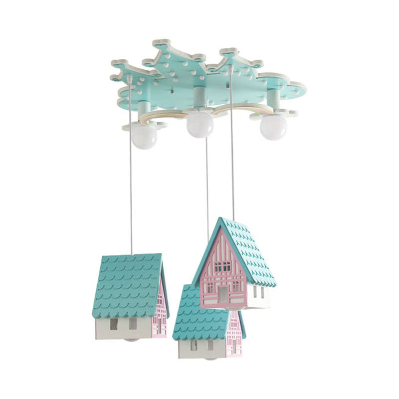 Blue House Semi Flush Mount Cartoon 3-Bulb Wooden Flushmount Lighting for Kids Bedroom