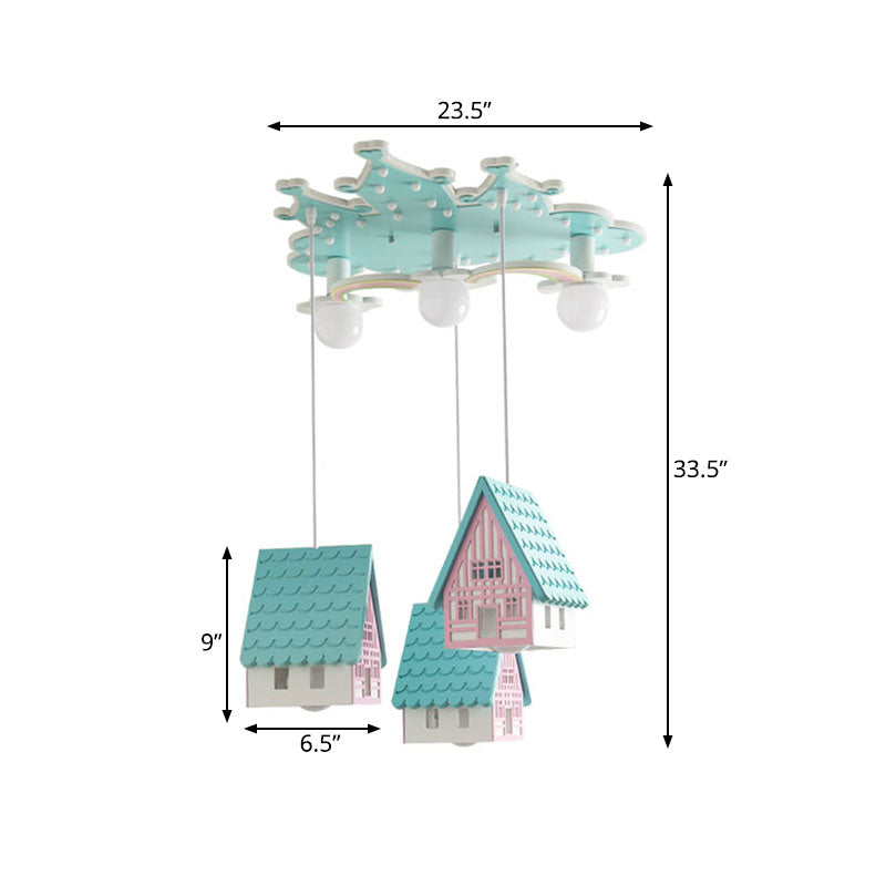 Blue House Semi Flush Mount Cartoon 3-Bulb Wooden Flushmount Lighting for Kids Bedroom