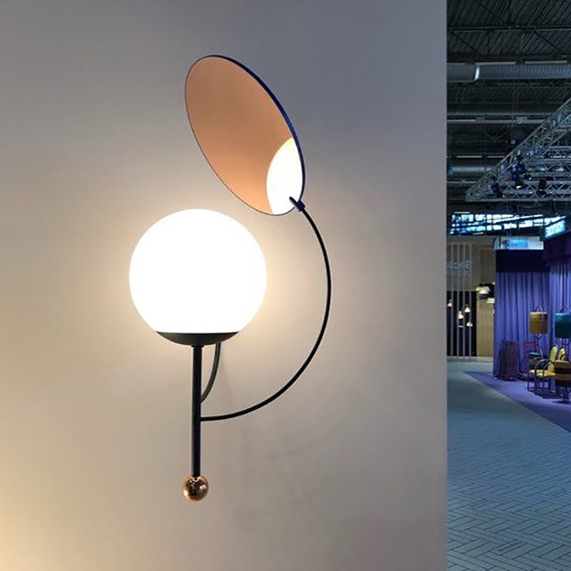 Nordic Sphere Wall Sconce Opal Glass 1-Head Bedroom Wall Light Fixture in Black with Round Mirror