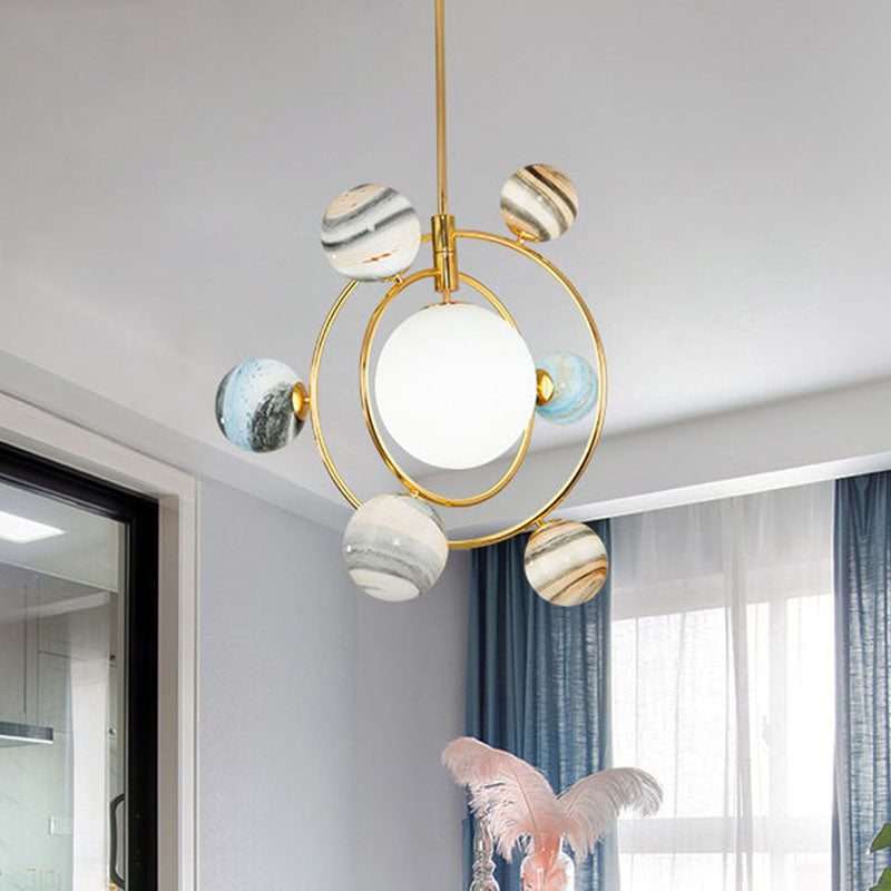 7-Light Nursery Pendant Nordic Gold Chandelier Light Fixture with Planet Frosted Glass Shade