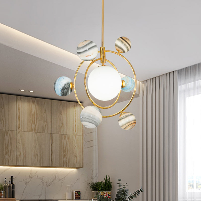 Pendre de pépinière 7-Light Nordic Gold Chandelier Lightture avec planète Grosted Glass Shade