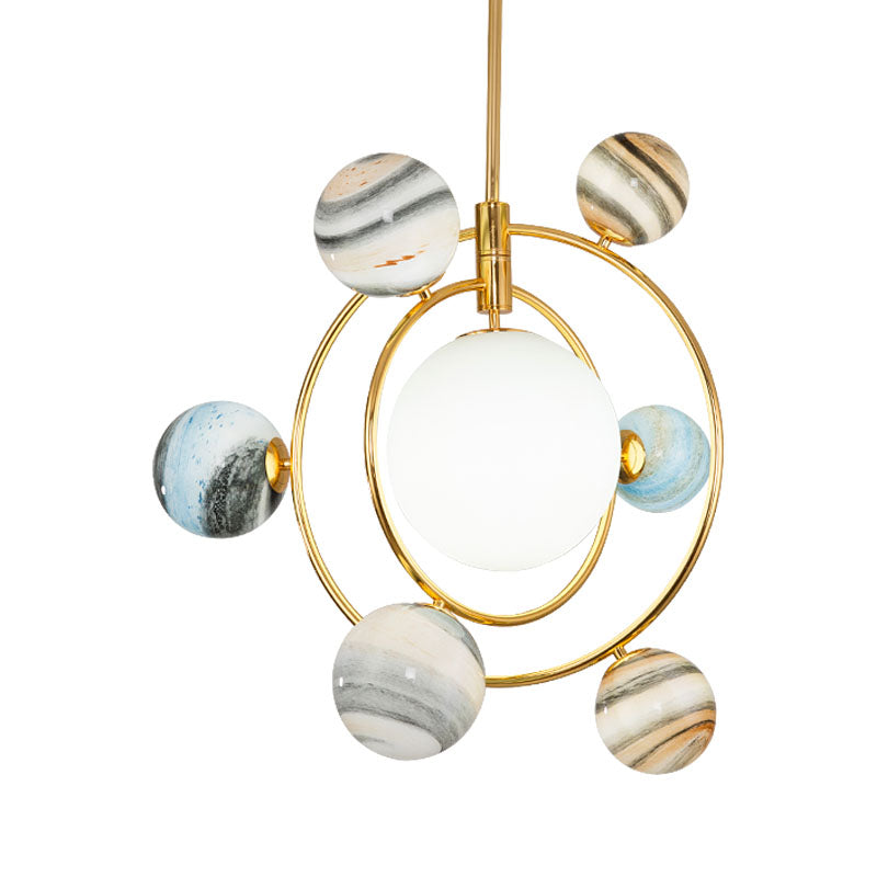 7-Light Nursery Pendant Nordic Gold Chandelier Light Fixture with Planet Frosted Glass Shade