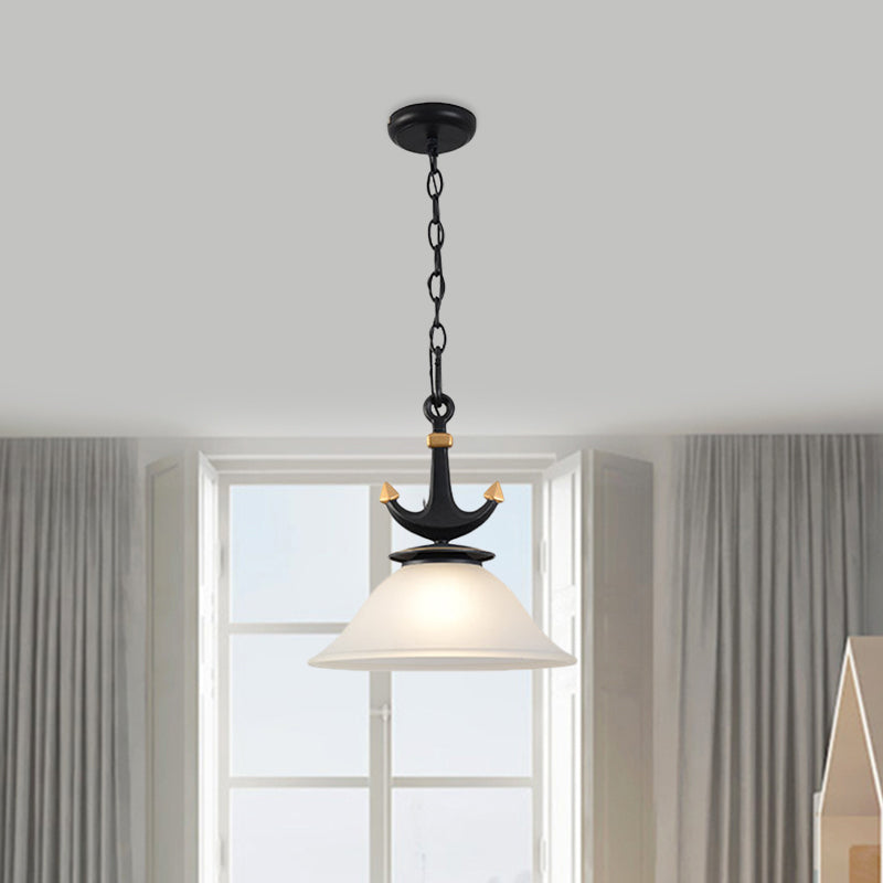 Bell/Cylinder Drop Pendant Mediterranean Cream Glass 1 Head Black Ceiling Light with Anchor Design, Small/Large
