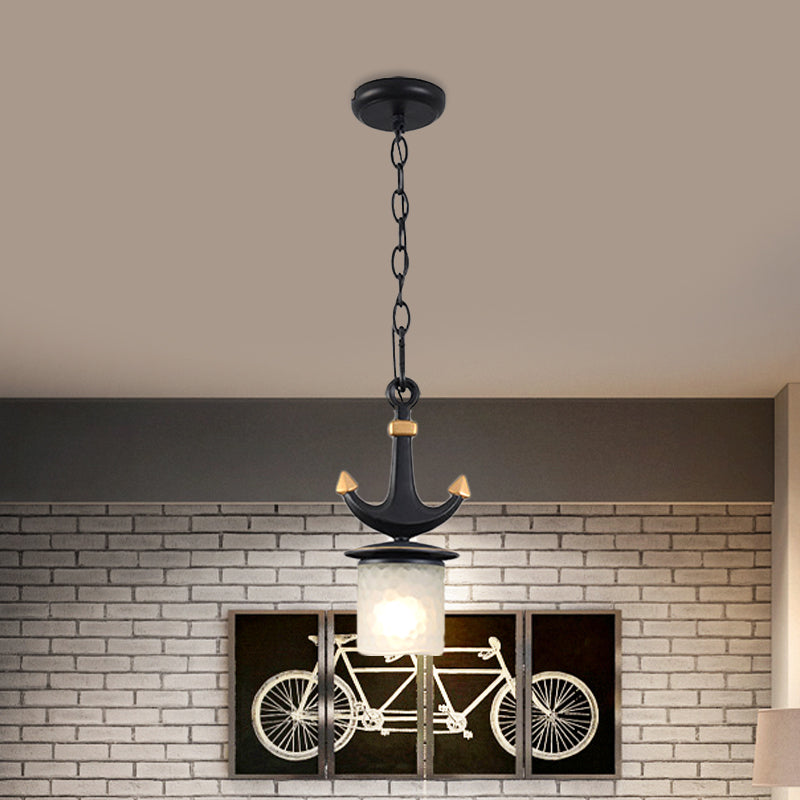 Bell/Cylinder Drop Pendant Mediterranean Cream Glass 1 Head Black Ceiling Light with Anchor Design, Small/Large