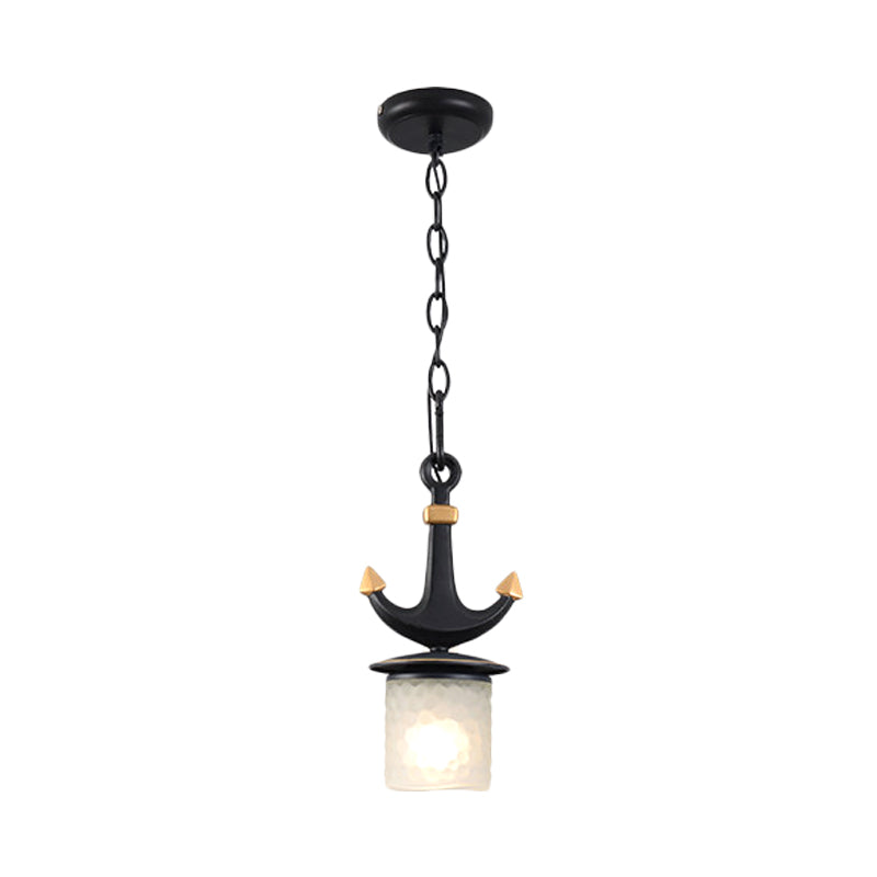 Bell/Cylinder Drop Pendant Mediterranean Cream Glass 1 Head Black Ceiling Light with Anchor Design, Small/Large