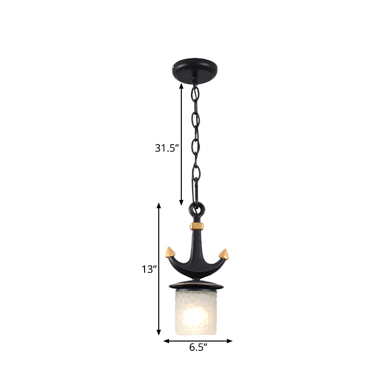 Bell/Cylinder Drop Pendant Mediterranean Cream Glass 1 Head Black Ceiling Light with Anchor Design, Small/Large