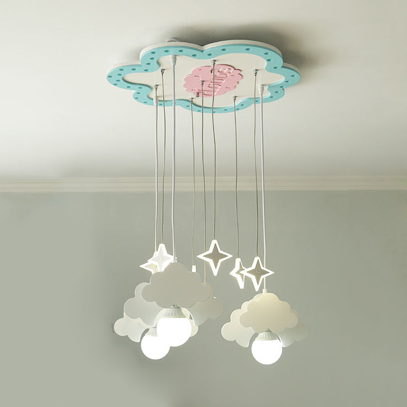 Wooden Cloud Cluster Pendant Light Kids 3 Bulbs Blue and White Suspension Lamp for Nursery