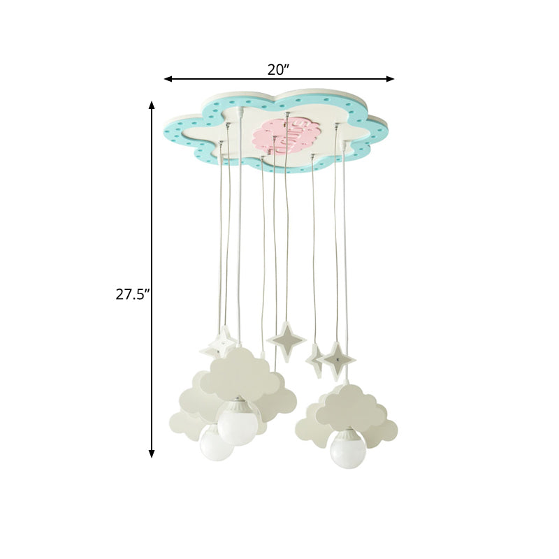 Wooden Cloud Cluster Pendant Light Kids 3 Bulbs Blue and White Suspension Lamp for Nursery